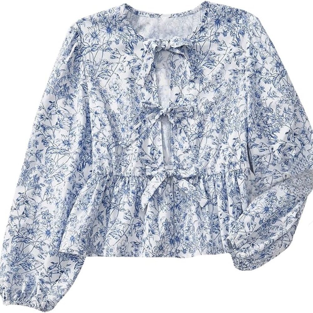 Blue toile print blouse, size M D-4